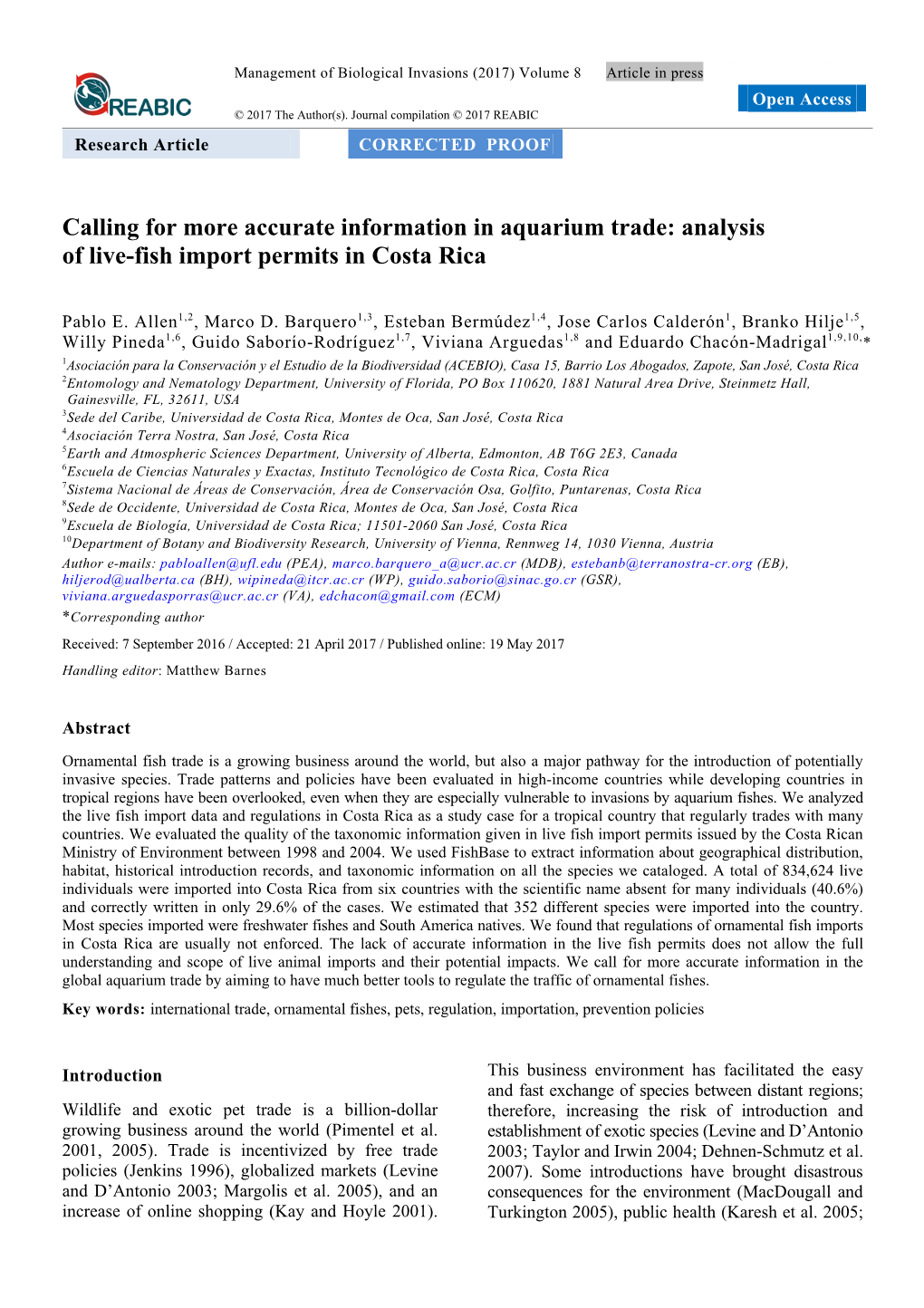 Analysis of Live-Fish Import Permits in Costa Rica