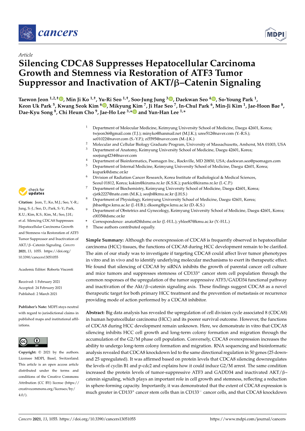 Silencing CDCA8 Suppresses Hepatocellular Carcinoma Growth and Stemness Via Restoration of ATF3 Tumor Suppressor and Inactivation of AKT/Β–Catenin Signaling