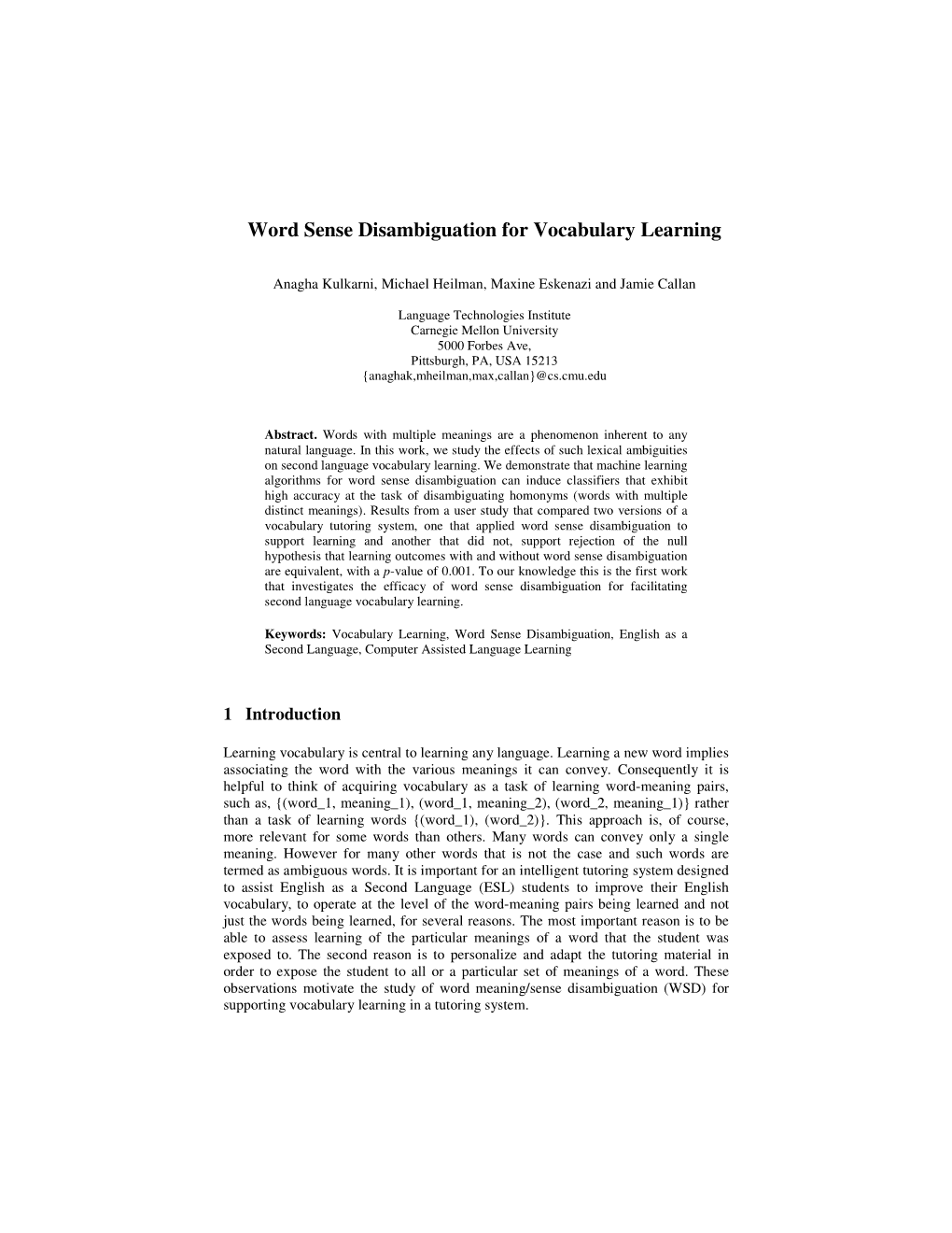 Word Sense Disambiguation for Vocabulary Learning