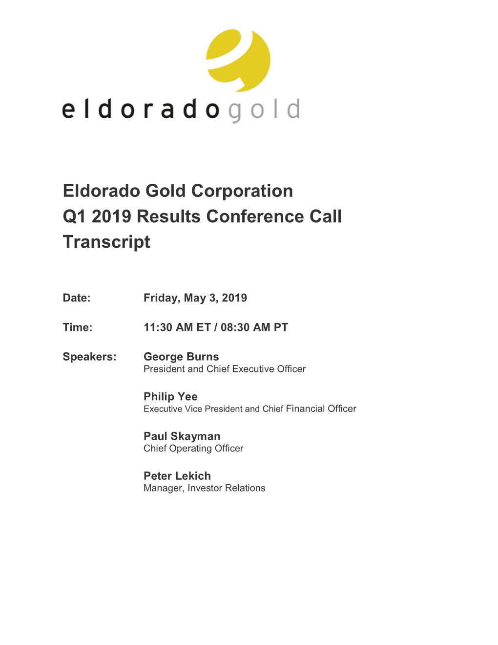 Eldorado Gold Corporation Q1 2019 Results Conference Call Transcript