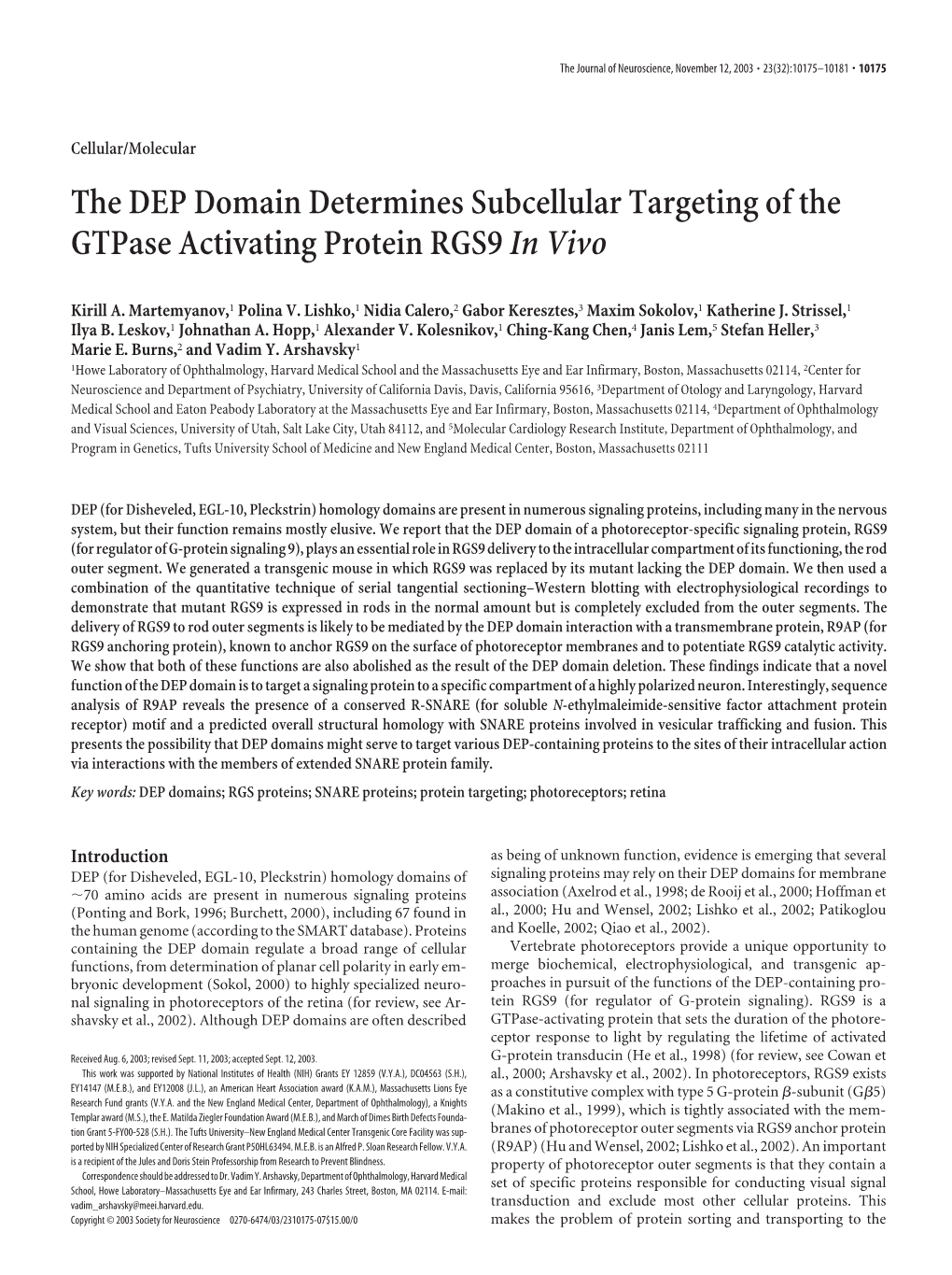 The DEP Domain Determines Subcellular Targeting of the Gtpase Activating Protein RGS9 in Vivo