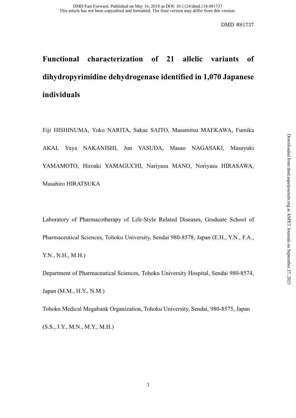 Functional Characterization of 21 Allelic Variants of Dihydropyrimidine Dehydrogenase Identified in 1,070 Japanese Individuals