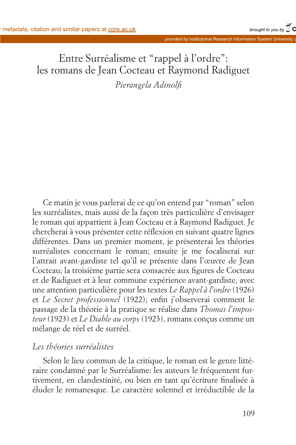 “Rappel À L'ordre”: Les Romans De Jean Cocteau Et Raymond Radiguet