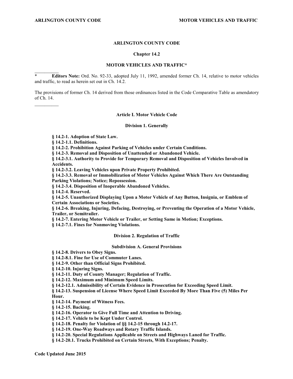 Arlington County Code Chapter 14.2 Motor Vehicles and Traffic