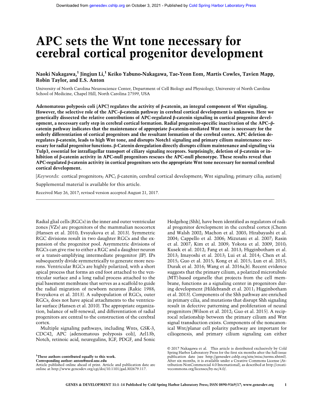 APC Sets the Wnt Tone Necessary for Cerebral Cortical Progenitor Development