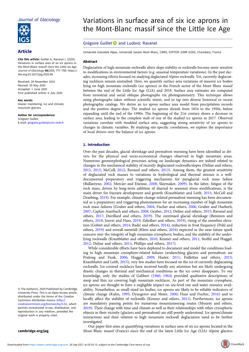 Variations in Surface Area of Six Ice Aprons in the Mont-Blanc Massif Since the Little Ice Age