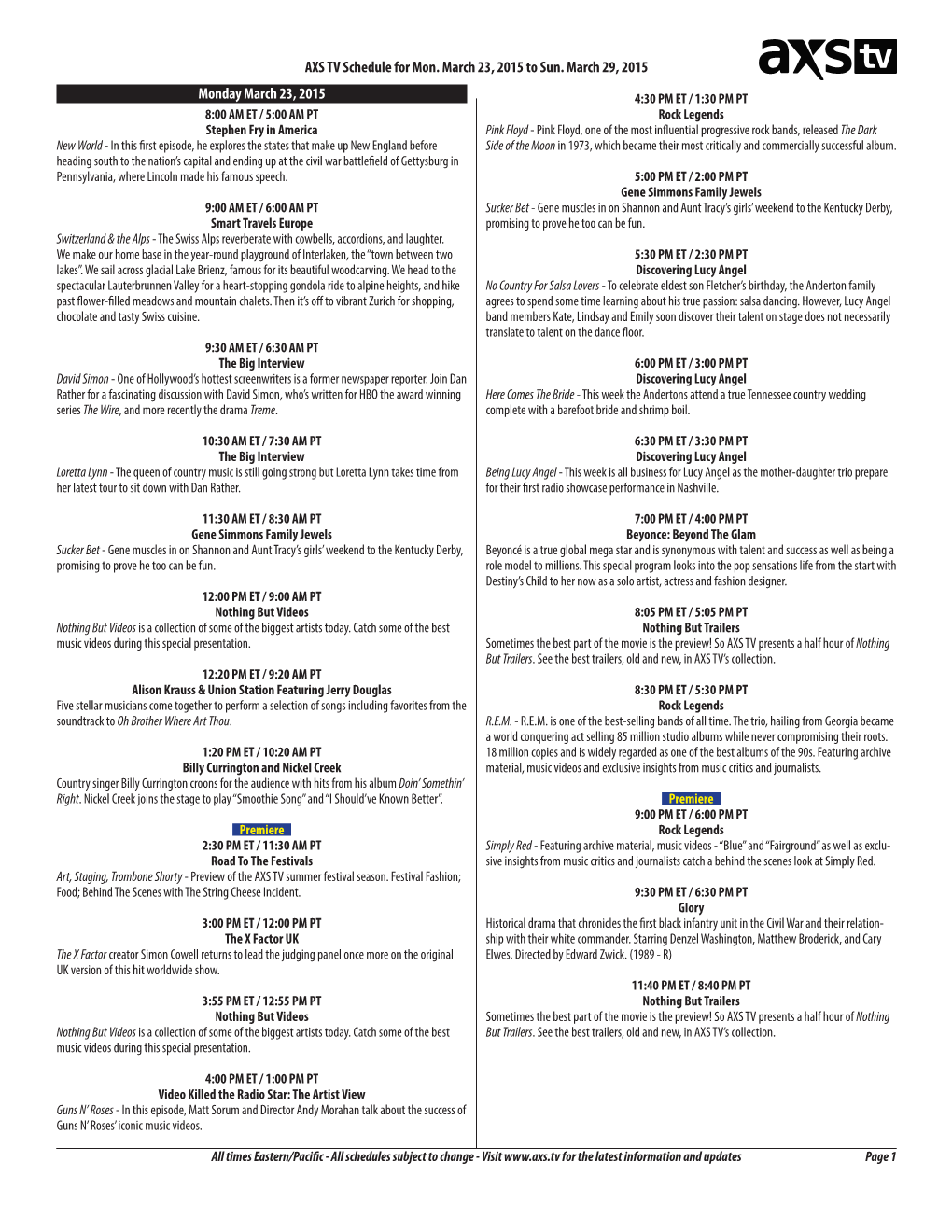 AXS TV Schedule for Mon. March 23, 2015 to Sun. March 29, 2015