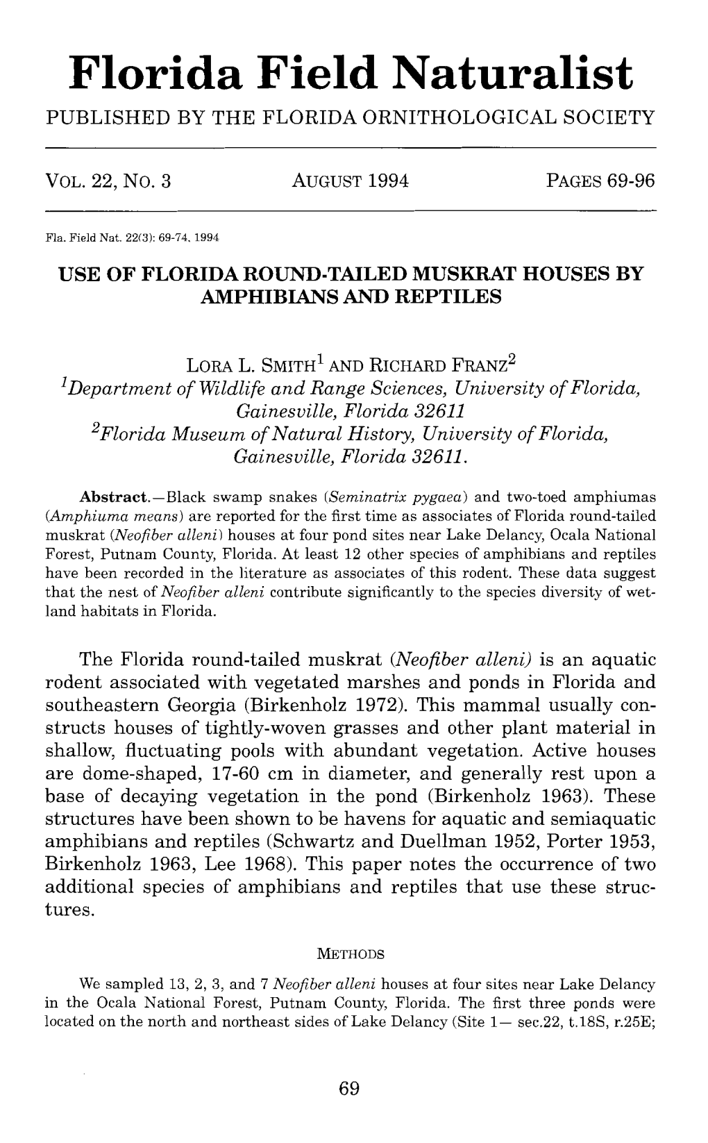 Florida Field Naturalist PUBLISHED by the FLORIDA ORNITHOLOGICAL SOCIETY