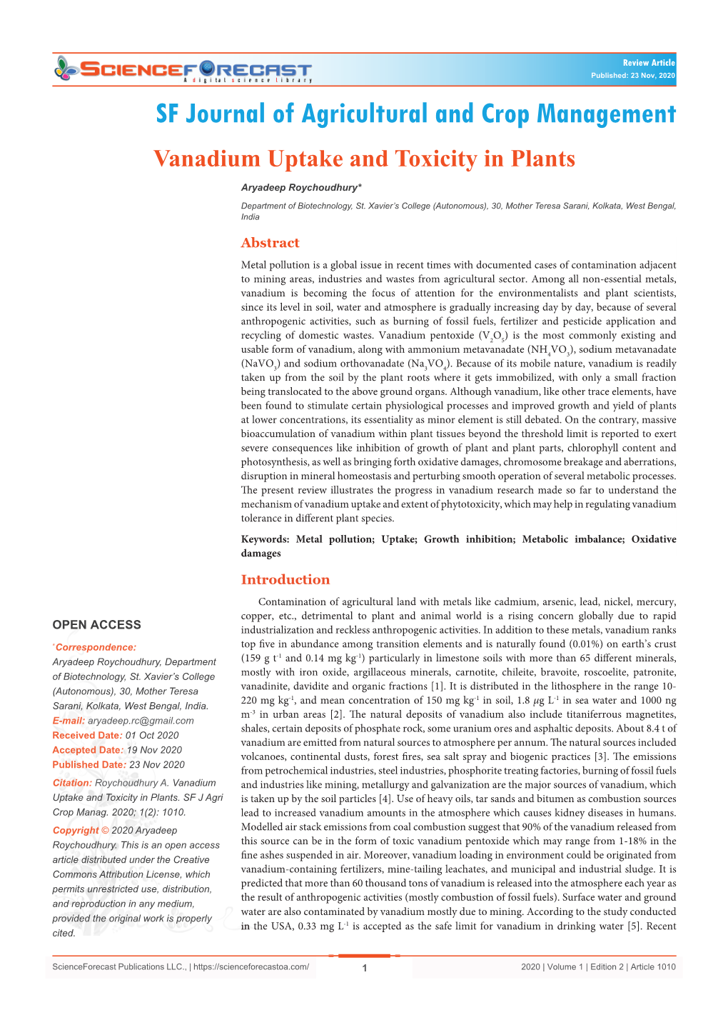 Vanadium Uptake and Toxicity in Plants