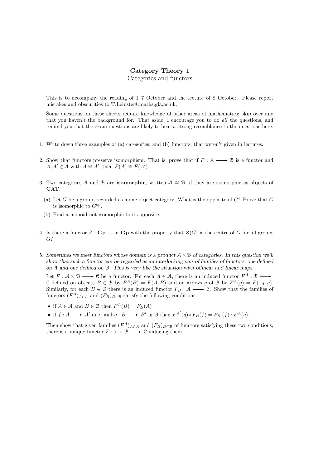 Category Theory 1 Categories and Functors