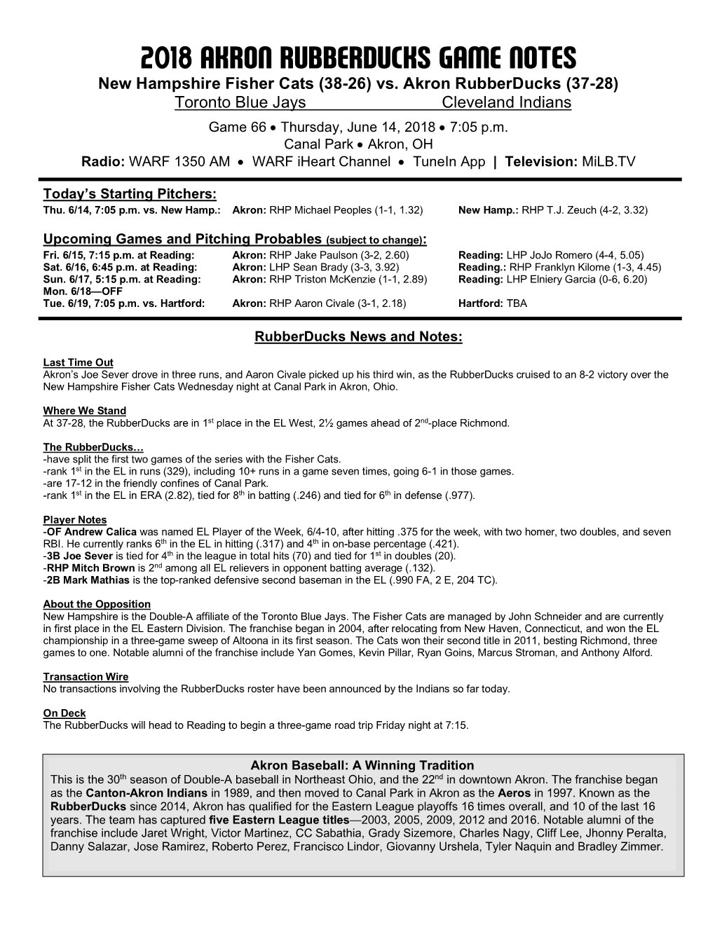 Rubberducks Game Notes 061418