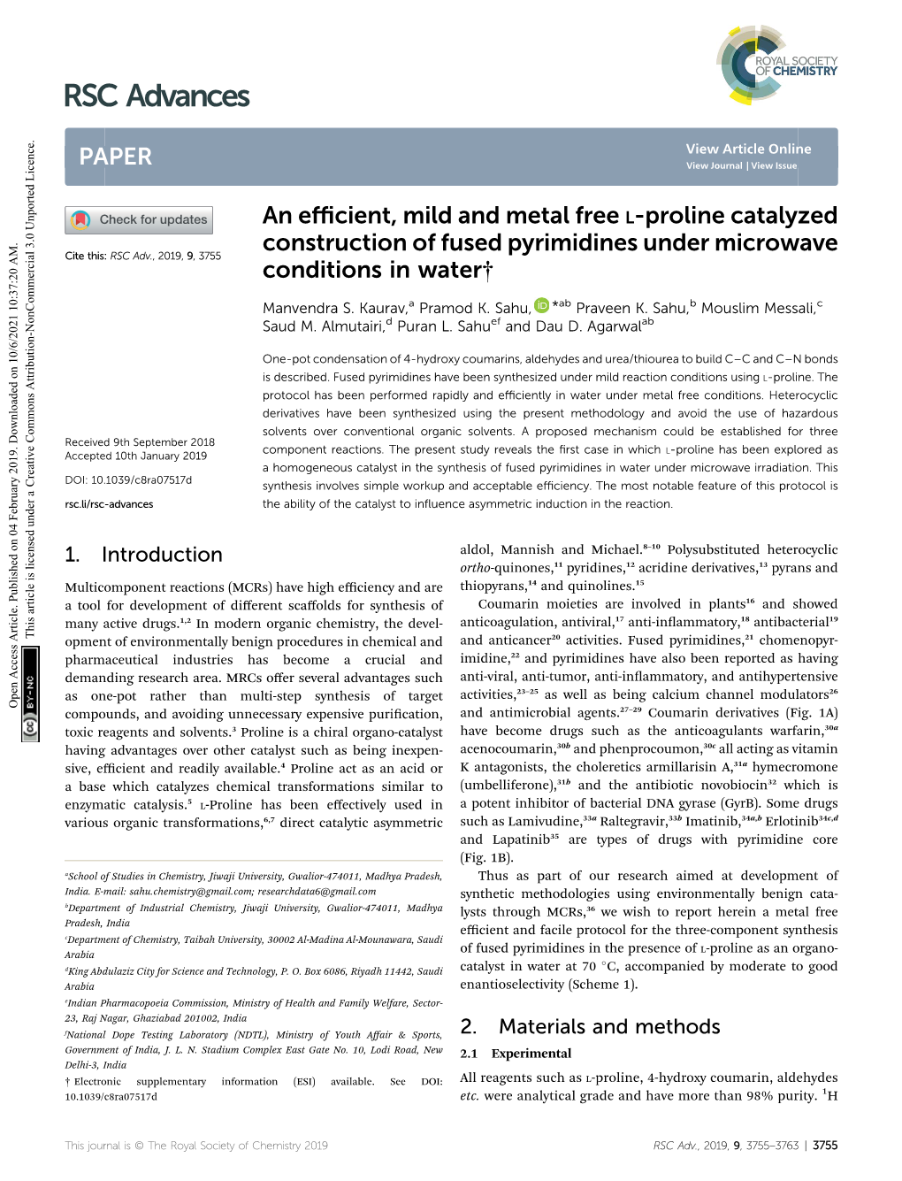 An Efficient, Mild and Metal Free L-Proline Catalyzed Construction Of