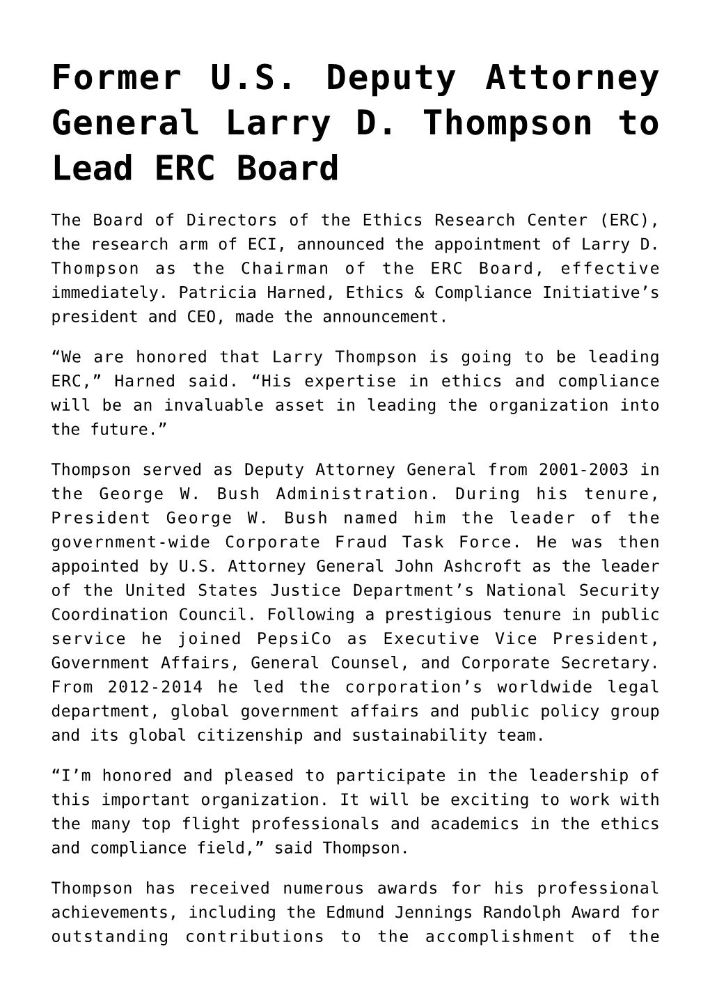 Former U.S. Deputy Attorney General Larry D. Thompson to Lead ERC Board