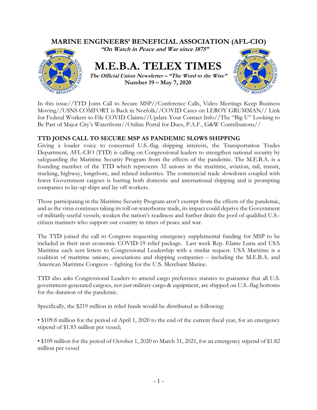 M.E.B.A. TELEX TIMES the Official Union Newsletter – “The Word to the Wise” Number 19 – May 7, 2020