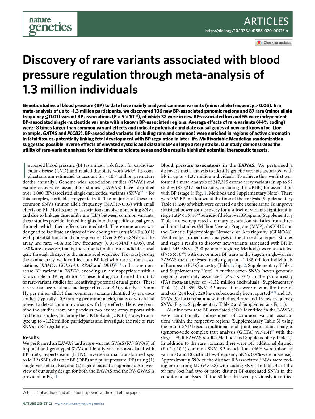 Discovery of Rare Variants Associated with Blood Pressure Regulation Through Meta-Analysis of 1.3 Million Individuals