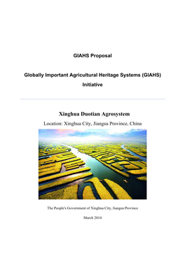 Xinghua Duotian Agrosystem. GIAHS Proposal for the Globally Important