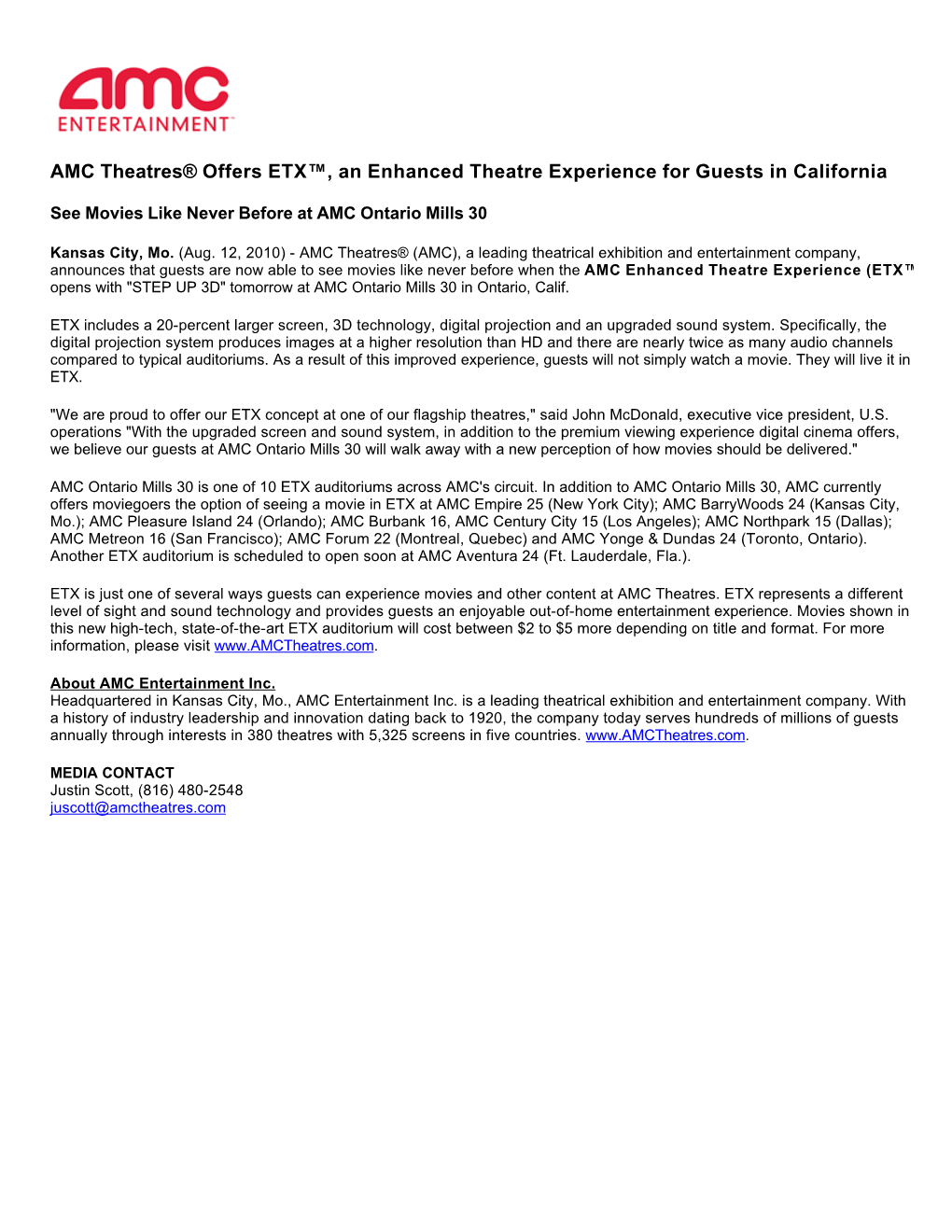 AMC Theatres® Offers ETX™, an Enhanced Theatre Experience for Guests in California