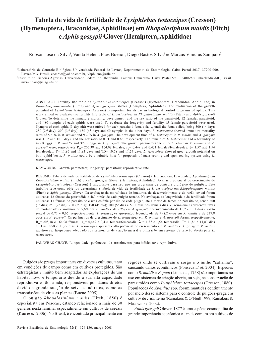 Tabela De Vida De Fertilidade De Lysiphlebus Testaceipes(Cresson