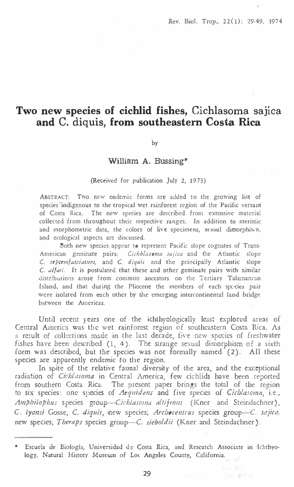 Two New Species of Cichlid Fishes, . Cichlasoma Sajlca and C. Diquis, from Southeastern Costa Rica