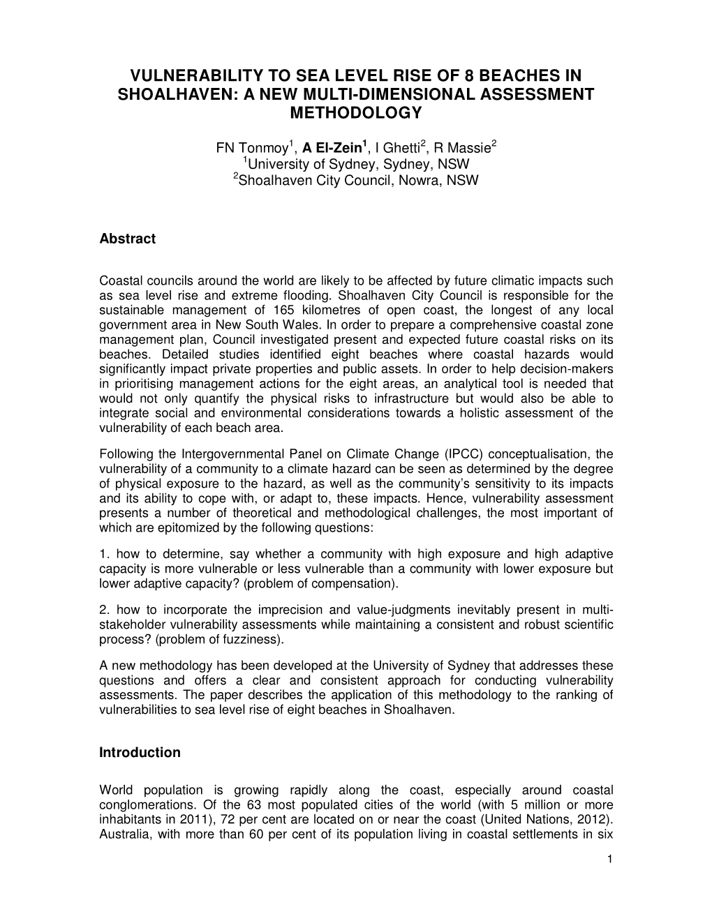 Vulnerability to Sea Level Rise of 8 Beaches in Shoalhaven: a New Multi-Dimensional Assessment Methodology