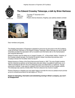 The Edward Crossley Telescope, a Talk by Brian Hartness