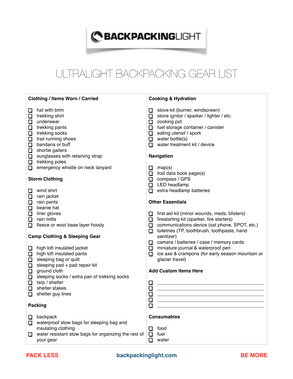 Ultralight Backpacking Gear List