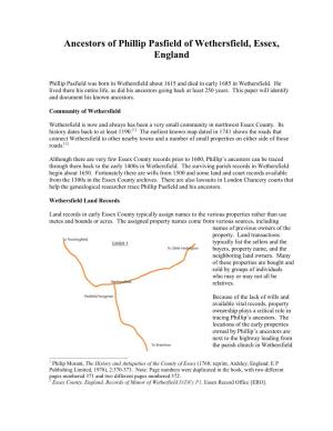 Ancestors of Phillip Pasfield of Wethersfield, Essex, England