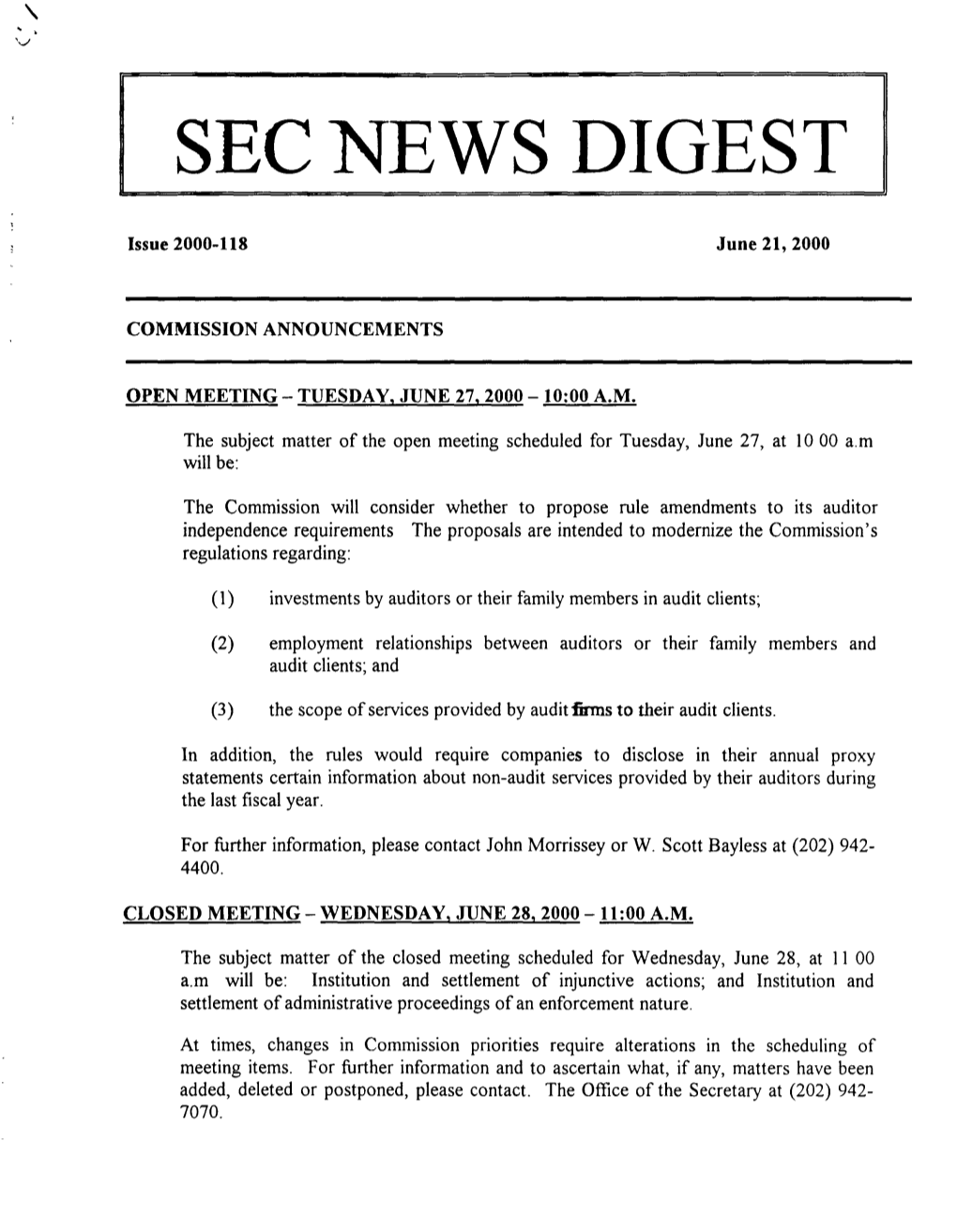 SEC News Digest, 06-21-2000