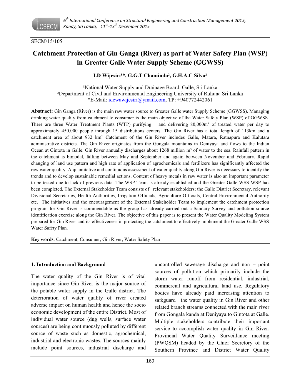 Catchment Protection of Gin Ganga (River) As Part of Water Safety Plan (WSP) in Greater Galle Water Supply Scheme (GGWSS)