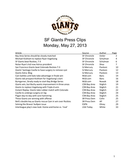 SF Giants Press Clips Monday, May 27, 2013