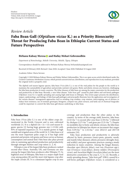 Faba Bean Gall (Olpidium Viciae K.) As a Priority Biosecurity Threat for Producing Faba Bean in Ethiopia: Current Status and Future Perspectives
