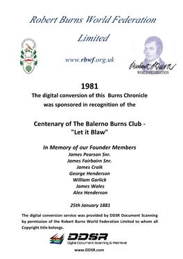 1981 the Digital Conversion of This Burns Chronicle Was Sponsored in Recognition of The