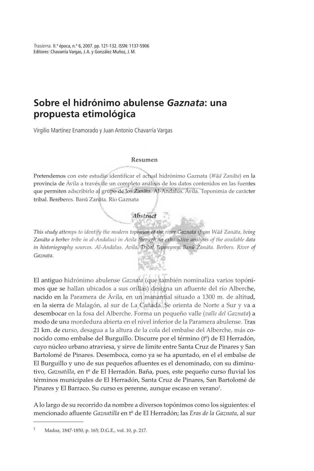 Sobre El Hidrónimo Abulense Gaznata: Una Propuesta Etimológica