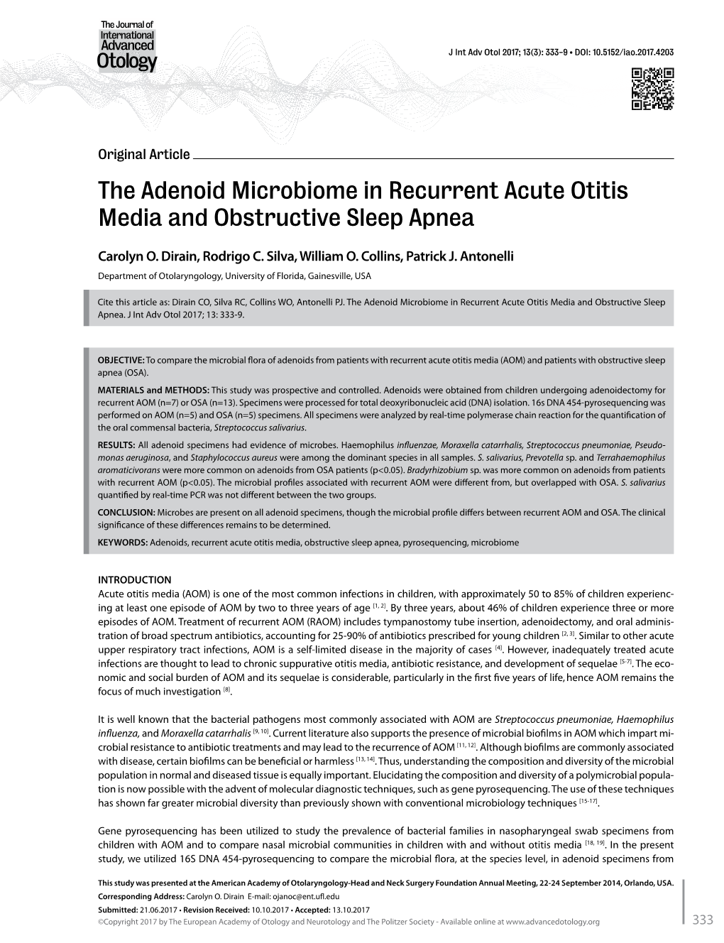 The Adenoid Microbiome in Recurrent Acute Otitis Media and Obstructive Sleep Apnea