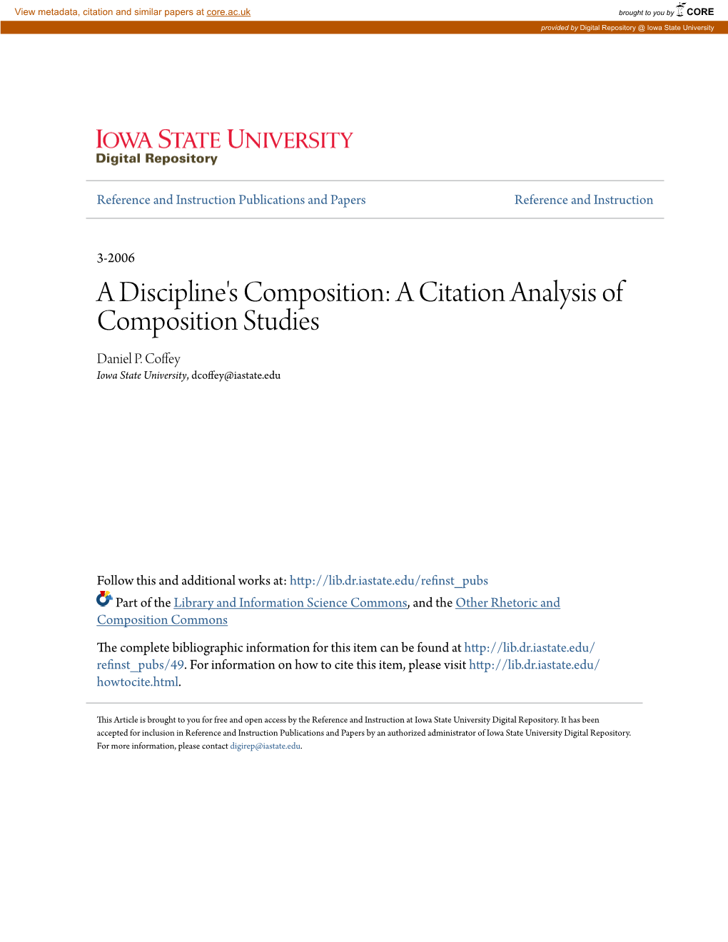 A Discipline's Composition: a Citation Analysis of Composition Studies Daniel P