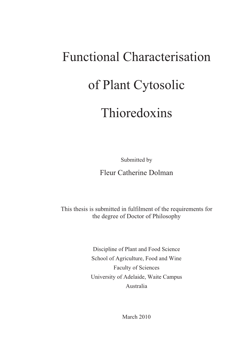 Functional Characterisation of Plant Cytosolic Thioredoxins