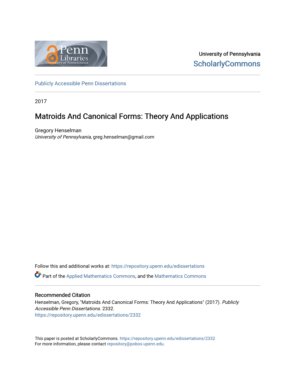 Matroids and Canonical Forms: Theory and Applications