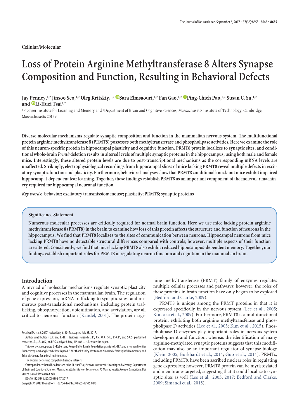 Loss of Protein Arginine Methyltransferase 8 Alters Synapse Composition and Function, Resulting in Behavioral Defects