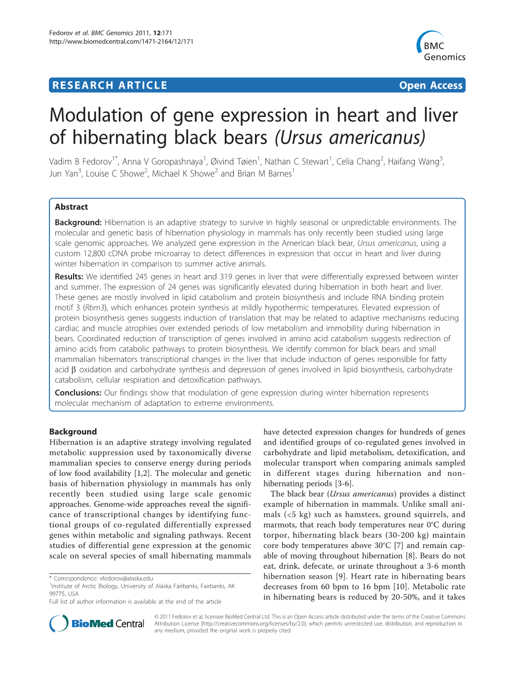 Modulation of Gene Expression in Heart and Liver of Hibernating Black Bears (Ursus Americanus)