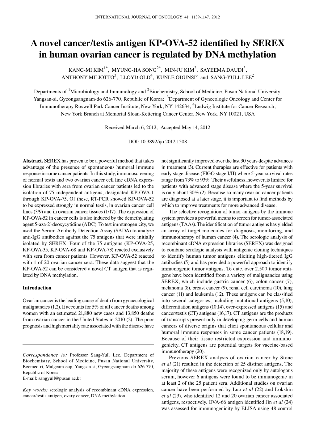 A Novel Cancer/Testis Antigen KP-OVA-52 Identified by SEREX in Human Ovarian Cancer Is Regulated by DNA Methylation