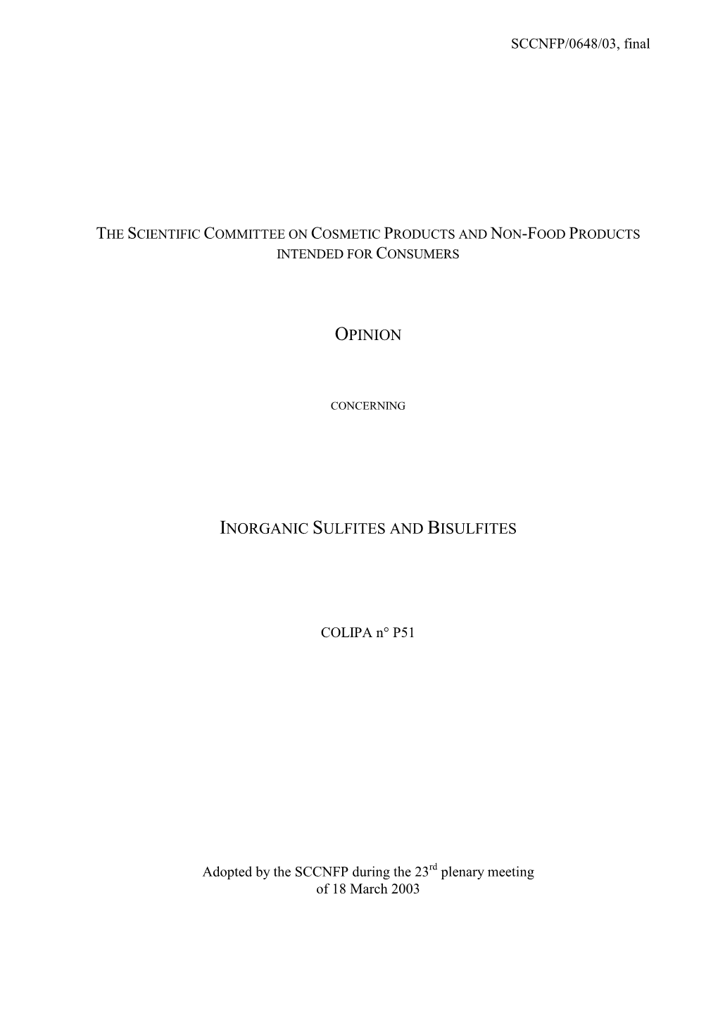 Opinion of the SCCNFP on Inorganic Sulfites and Bisulfites