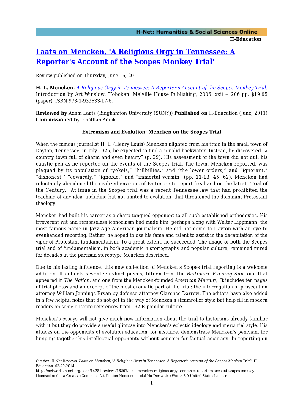 Laats on Mencken, 'A Religious Orgy in Tennessee: a Reporter's Account of the Scopes Monkey Trial'