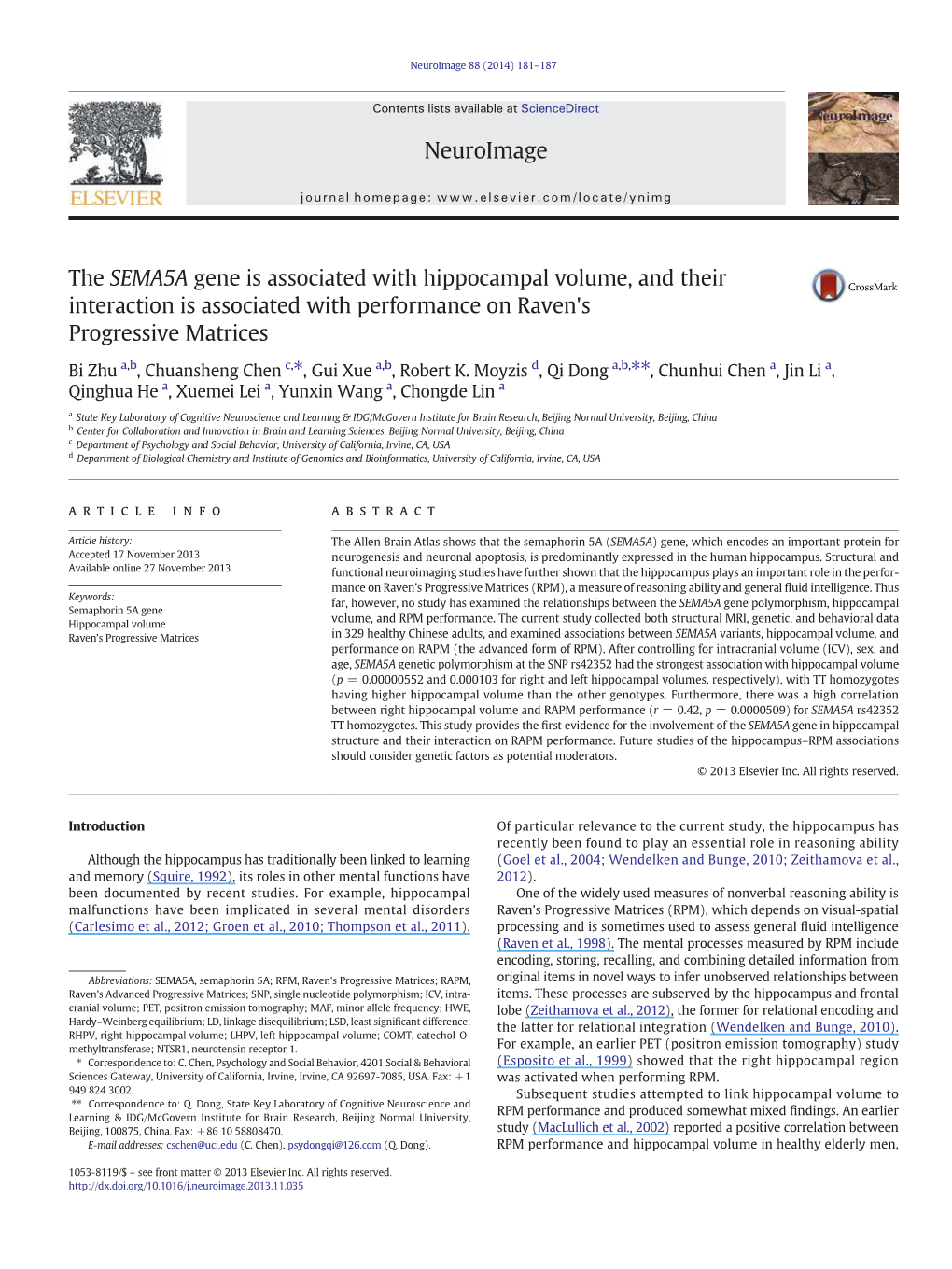 The SEMA5A Gene Is Associated with Hippocampal Volume, and Their Interaction Is Associated with Performance on Raven's Progressive Matrices