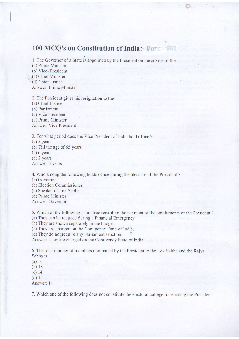 100 MCQ's on Constitution of India:- Par ' 