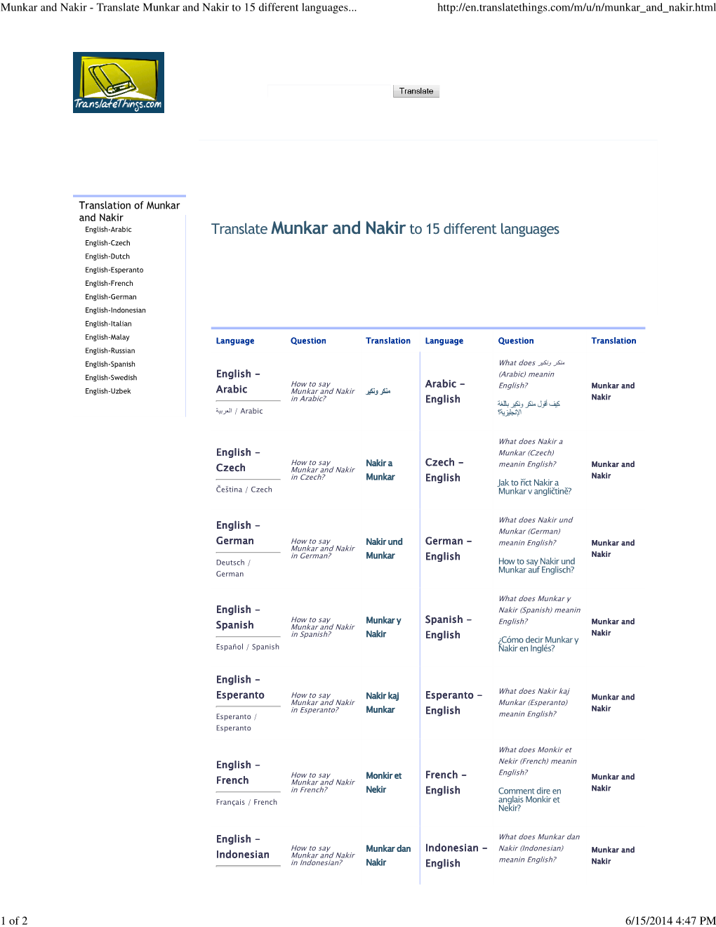 Munkar and Nakir - Translate Munkar and Nakir to 15 Different Languages