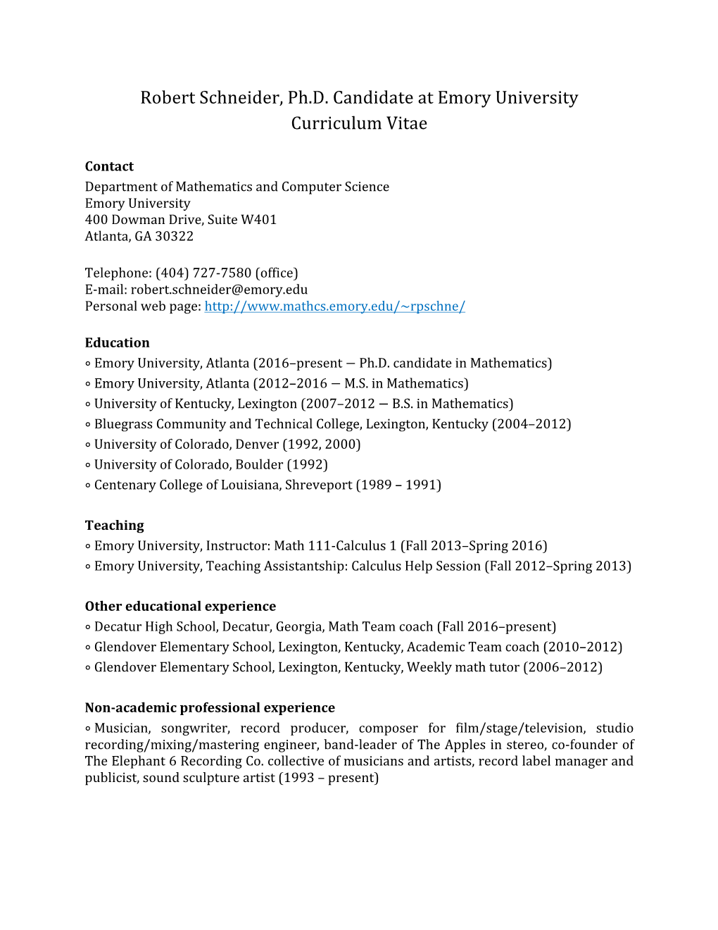 Robert Schneider, Ph.D. Candidate at Emory University Curriculum Vitae