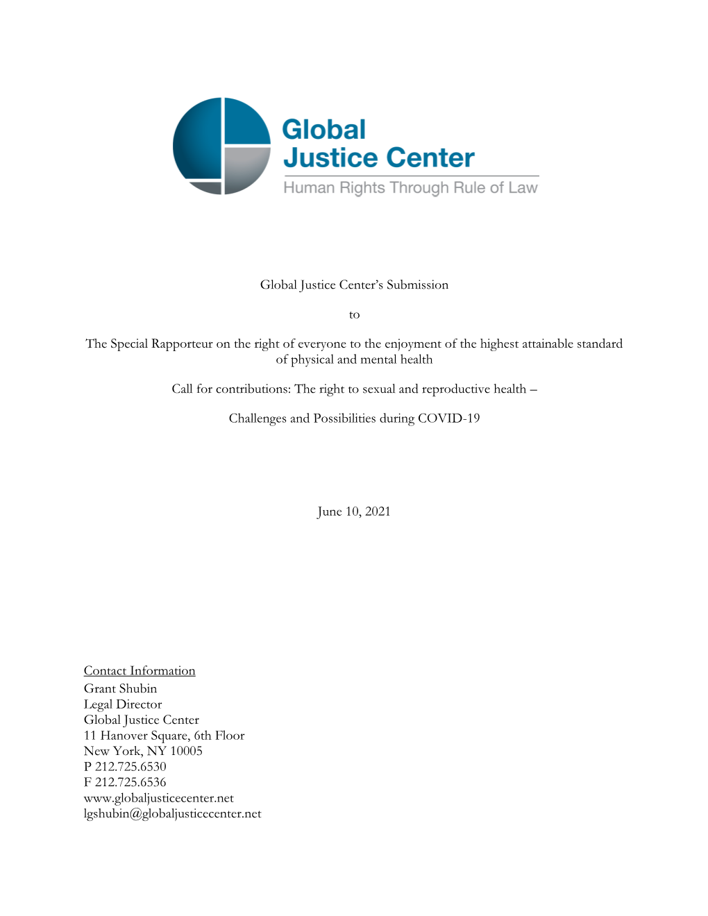 Global Justice Center's Submission to the Special Rapporteur on the Right