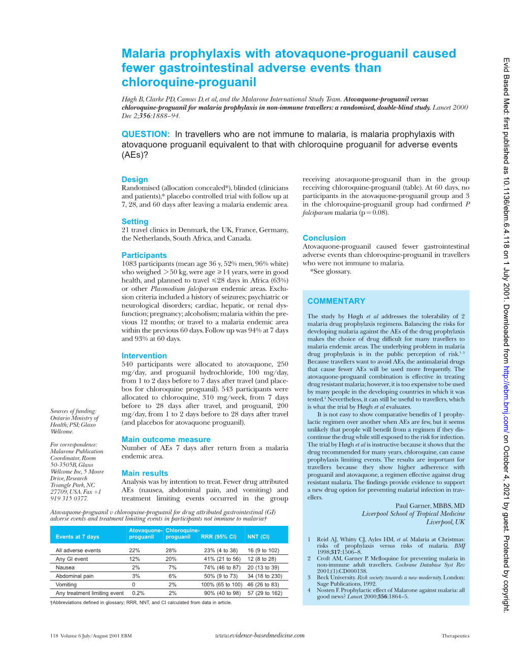 Malaria Prophylaxis with Atovaquone-Proguanil Caused Evid Based Med: First Published As 10.1136/Ebm.6.4.118 on 1 July 2001