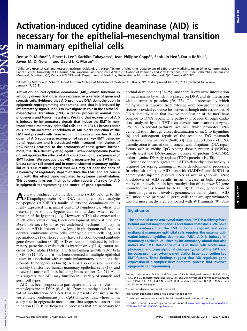 Activation-Induced Cytidine Deaminase (AID) Is PNAS PLUS Necessary for the Epithelial–Mesenchymal Transition in Mammary Epithelial Cells