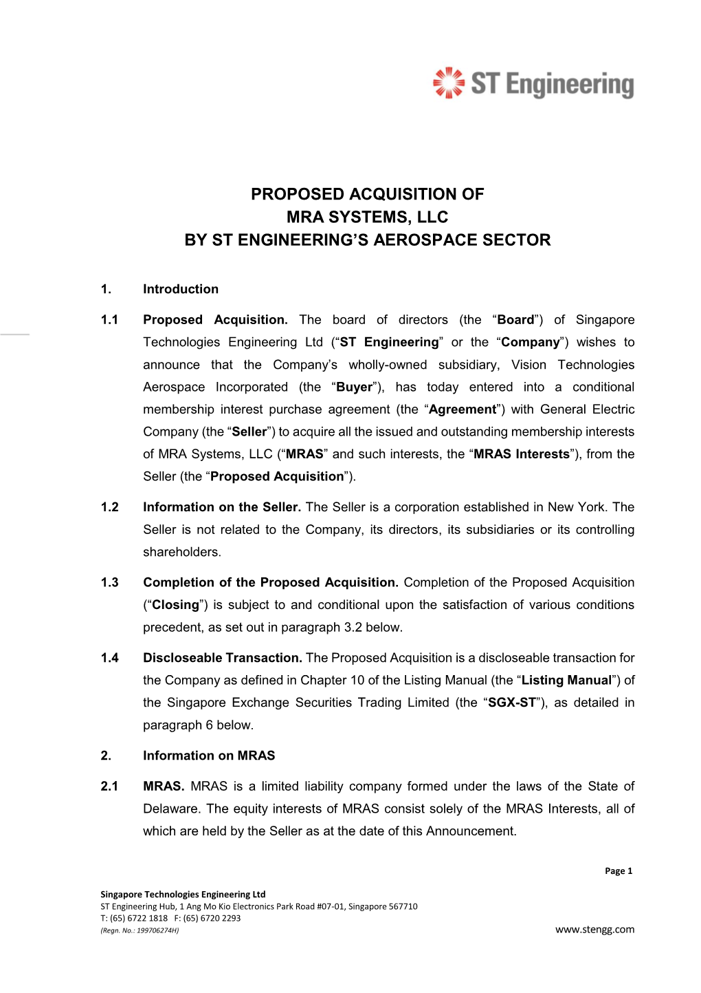 Proposed Acquisition of Mra Systems, Llc by St Engineering's Aerospace